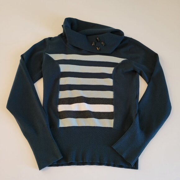 Crisca Forest Green Stripe Sweater Cowl Neck Size Small EUC Embellished - Picture 1 of 9